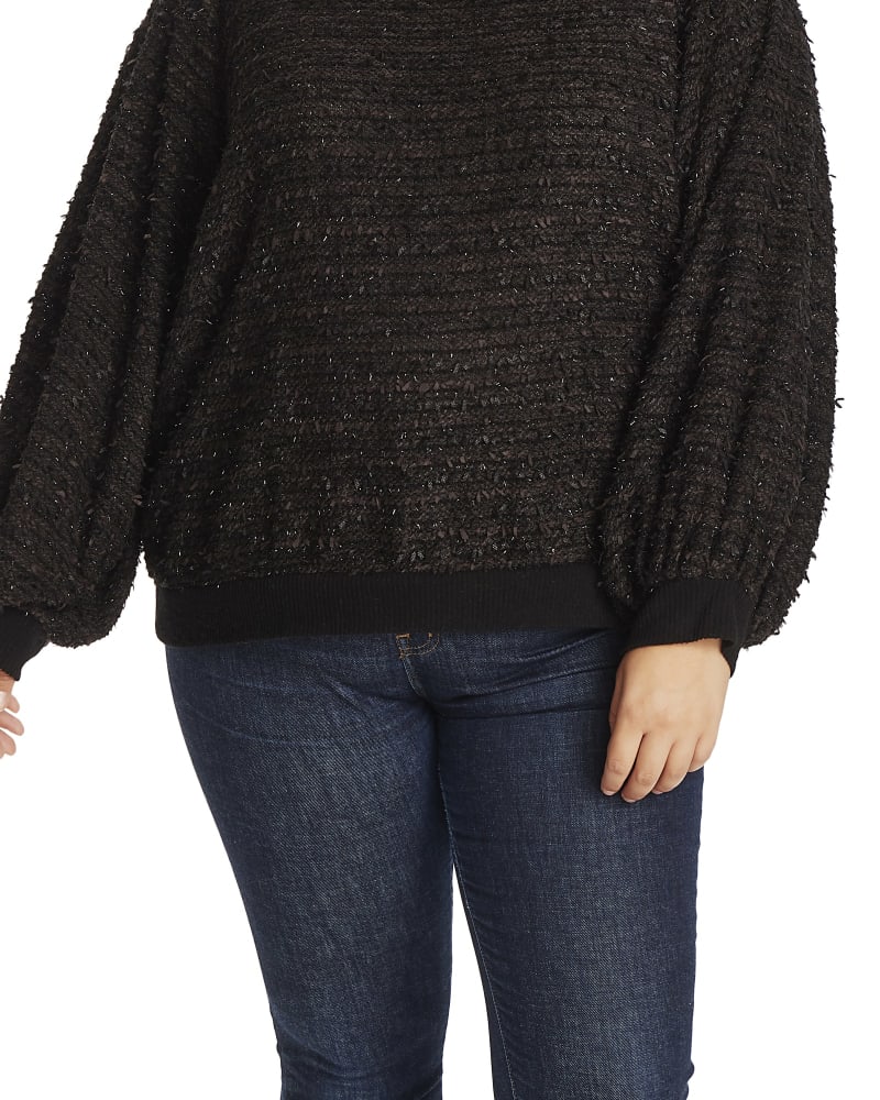 Front of a model wearing a size 1X Enya Eyelash Knit Top in RICH BLACK by 1.State. | dia_product_style_image_id:262551